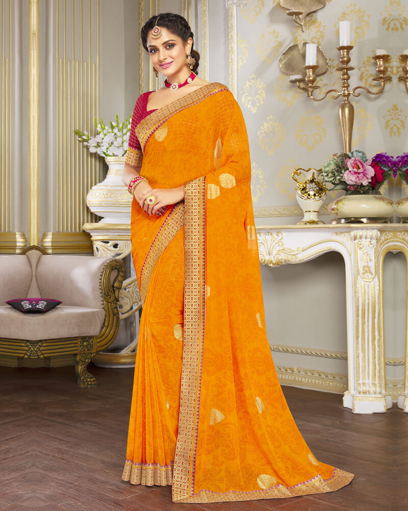 Vishal Prints Orange Chiffon Saree With Foil Print And Jari Border