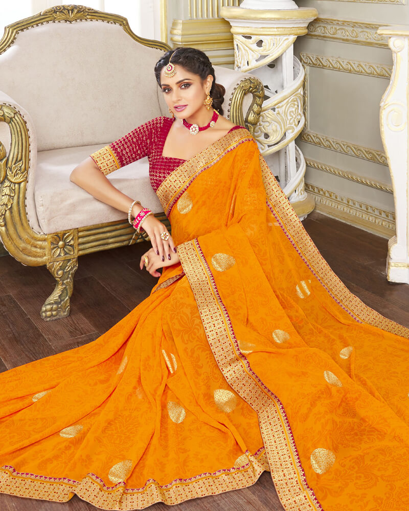 Vishal Prints Orange Chiffon Saree With Foil Print And Jari Border