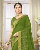 Vishal Prints Dark Olive Green Chiffon Saree With Foil Print And Jari Border