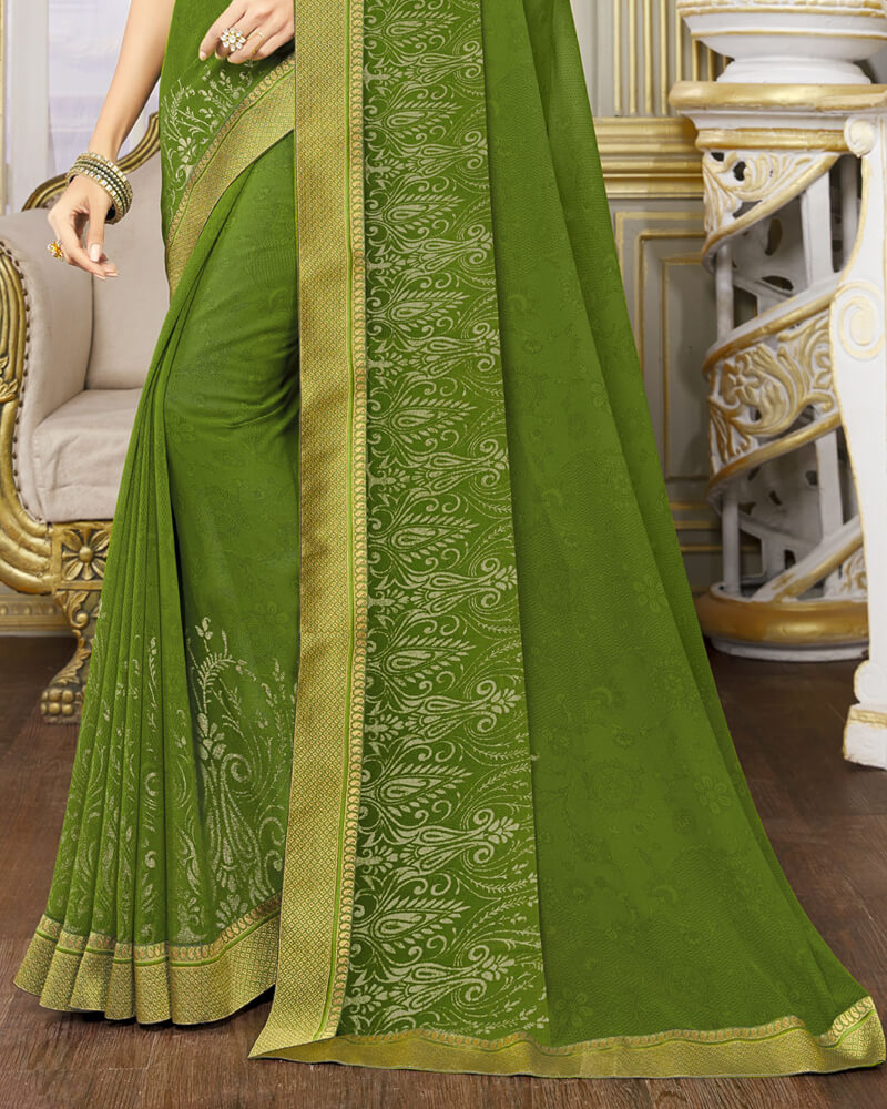 Vishal Prints Dark Olive Green Chiffon Saree With Foil Print And Jari Border