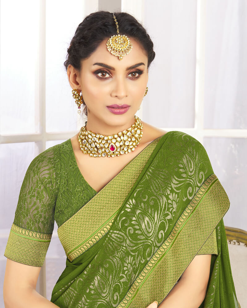 Vishal Prints Dark Olive Green Chiffon Saree With Foil Print And Jari Border