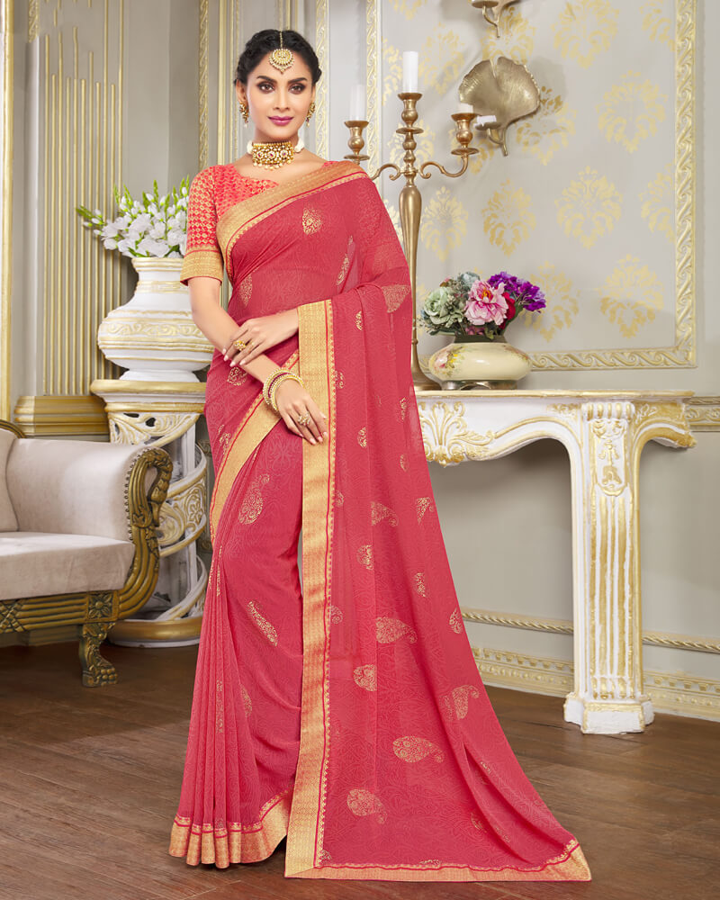 Vishal Prints Pastel Red Chiffon Saree With Foil Print And Jari Border