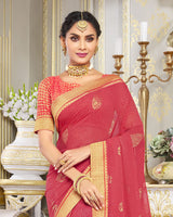 Vishal Prints Pastel Red Chiffon Saree With Foil Print And Jari Border