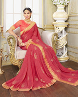 Vishal Prints Pastel Red Chiffon Saree With Foil Print And Jari Border
