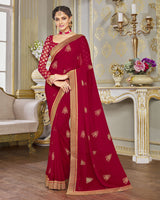 Vishal Prints Dark Maroon Chiffon Saree With Foil Print And Jari Border