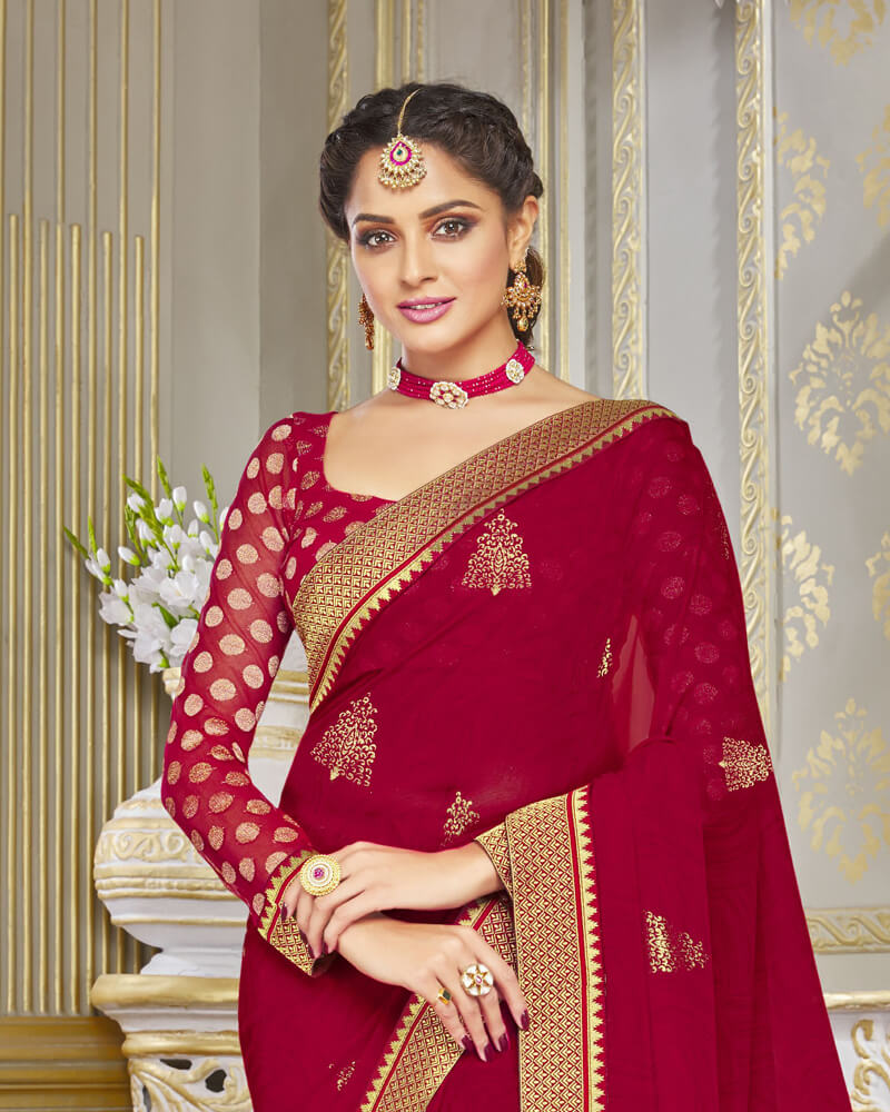 Vishal Prints Dark Maroon Chiffon Saree With Foil Print And Jari Border