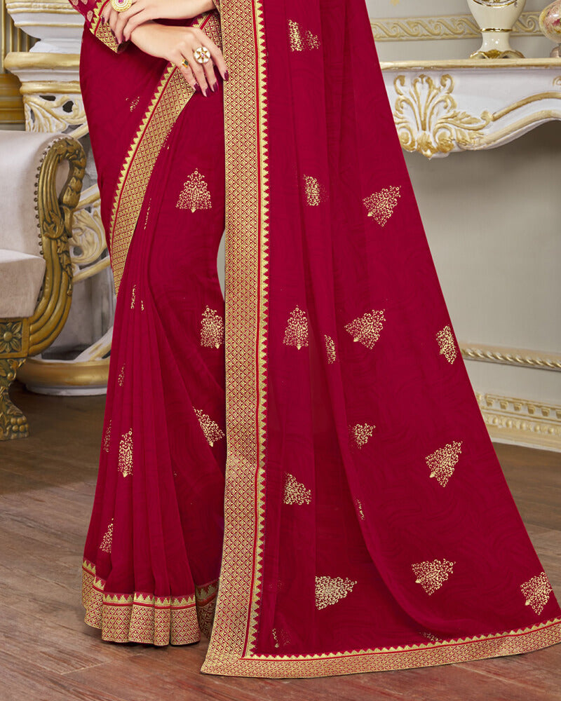 Vishal Prints Dark Maroon Chiffon Saree With Foil Print And Jari Border