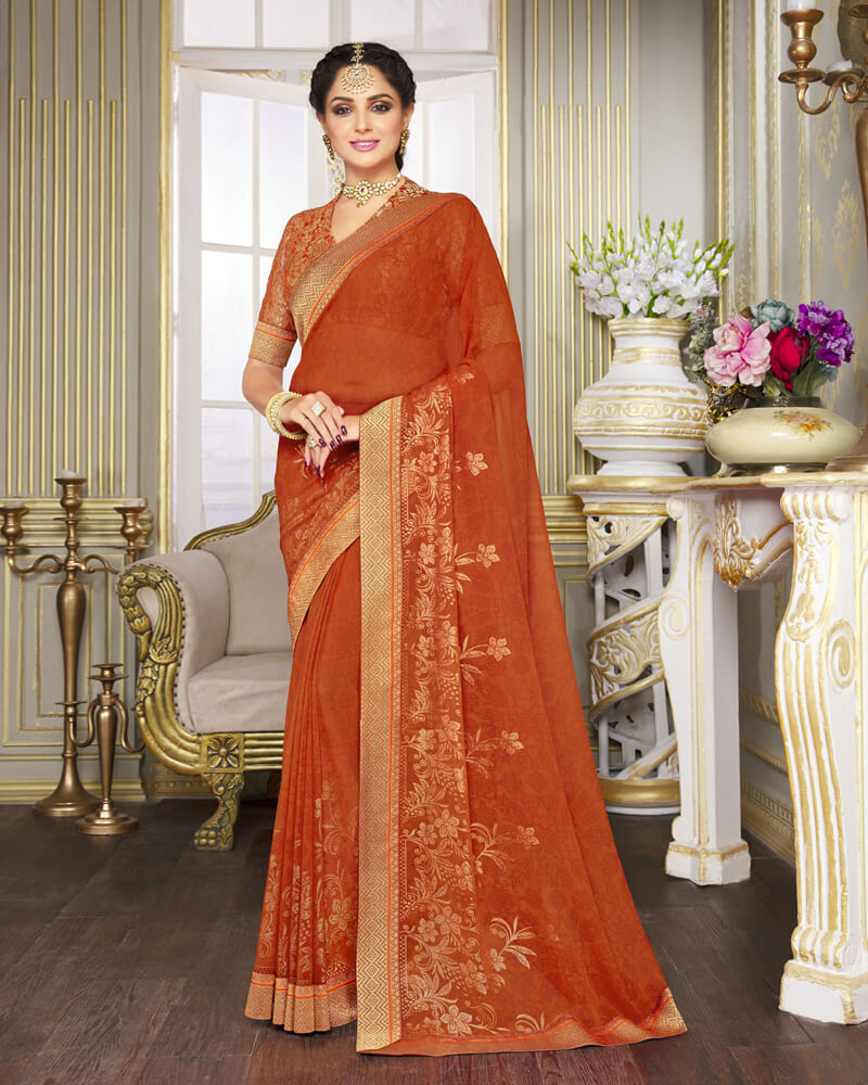 Vishal Prints Dark Orange Chiffon Saree With Foil Print And Jari Border