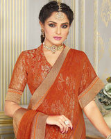 Vishal Prints Dark Orange Chiffon Saree With Foil Print And Jari Border