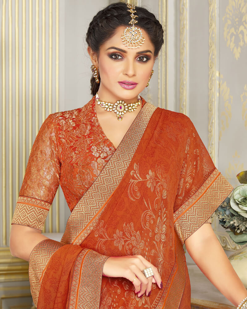 Vishal Prints Dark Orange Chiffon Saree With Foil Print And Jari Border