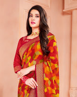 Vishal Prints Dark Red Chiffon Saree With Jari Border