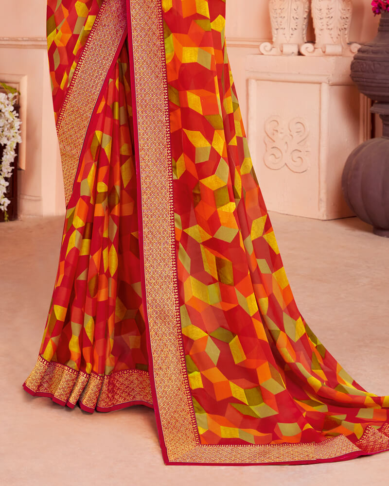 Vishal Prints Dark Red Chiffon Saree With Jari Border