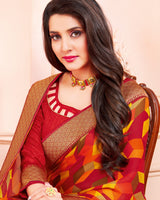 Vishal Prints Dark Red Chiffon Saree With Jari Border