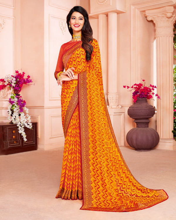 Vishal Prints Yellowish Orange Chiffon Saree With Jari Border