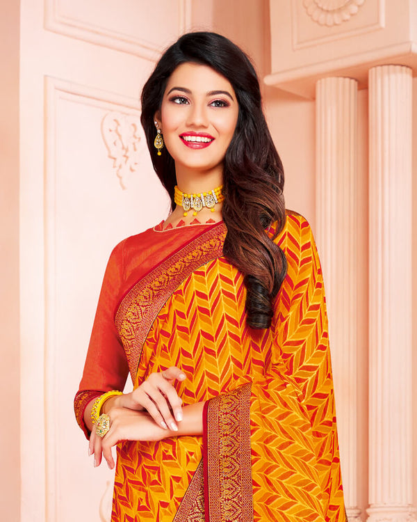 Vishal Prints Yellowish Orange Chiffon Saree With Jari Border