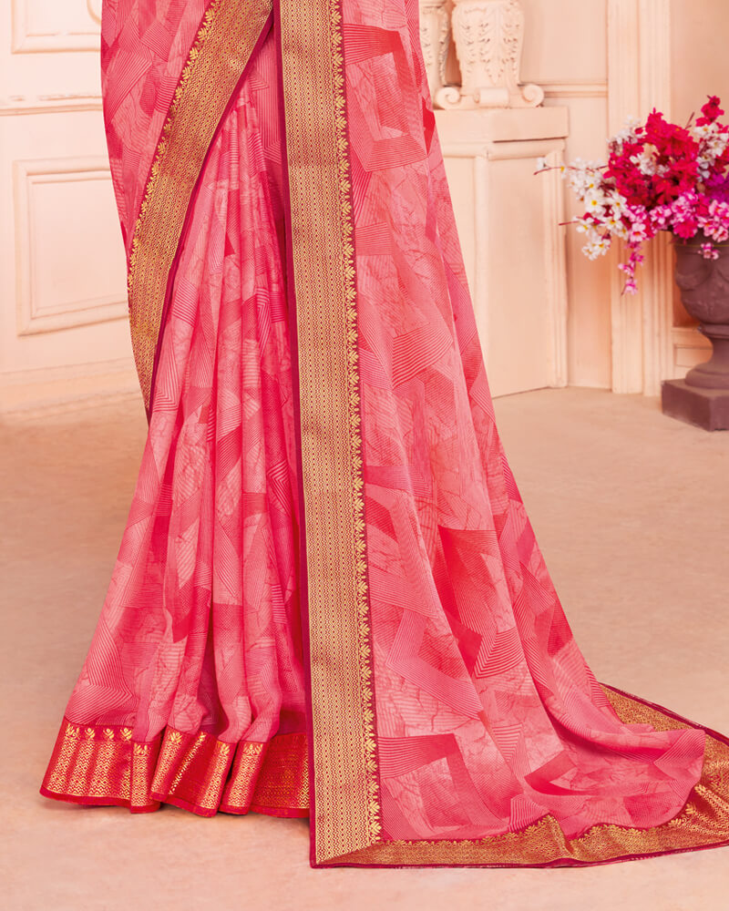 Vishal Prints Pastel Red Chiffon Saree With Jari Border