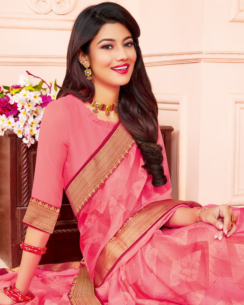 Vishal Prints Pastel Red Chiffon Saree With Jari Border