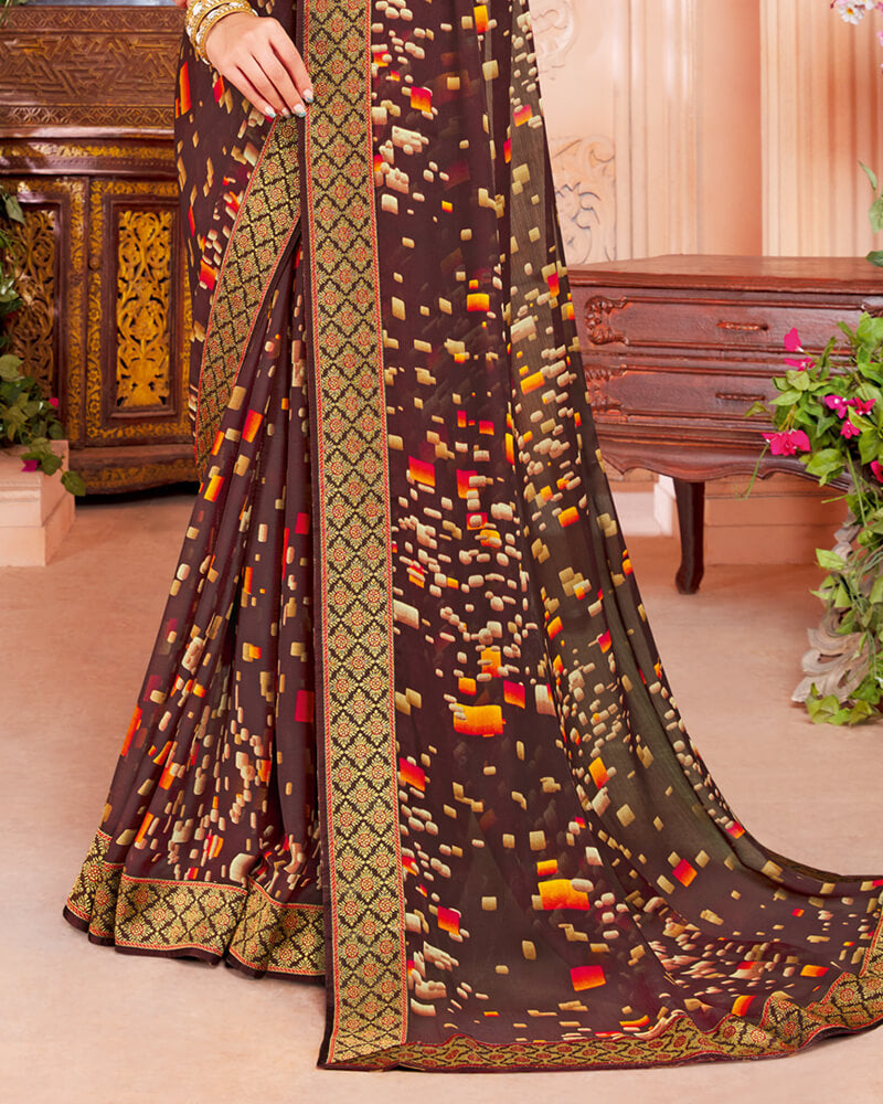 Vishal Prints Brown Chiffon Saree With Jari Border