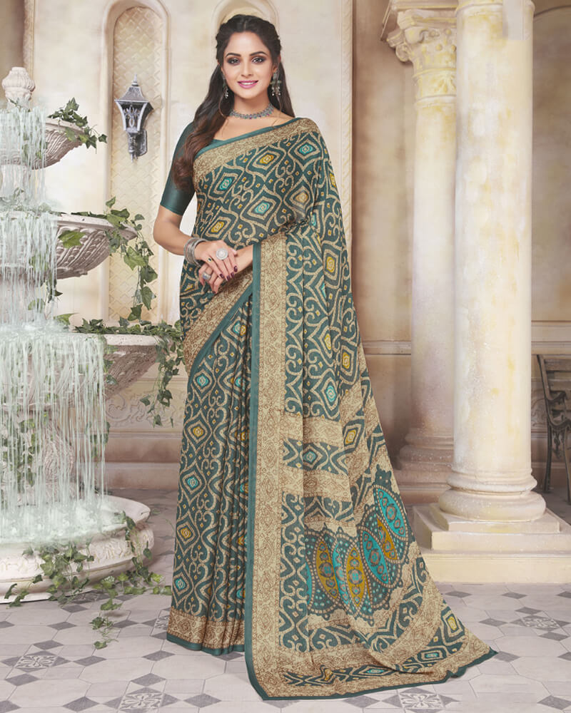 Vishal Prints Rama Green Digital Print Crepe Saree