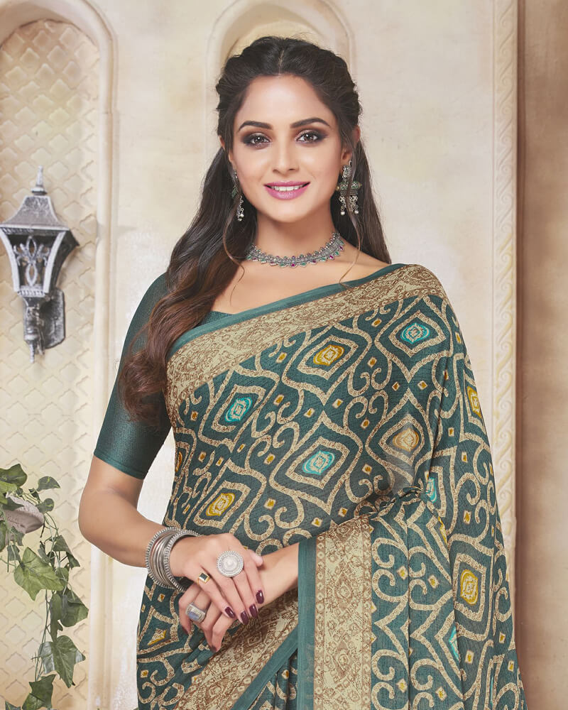 Vishal Prints Rama Green Digital Print Crepe Saree