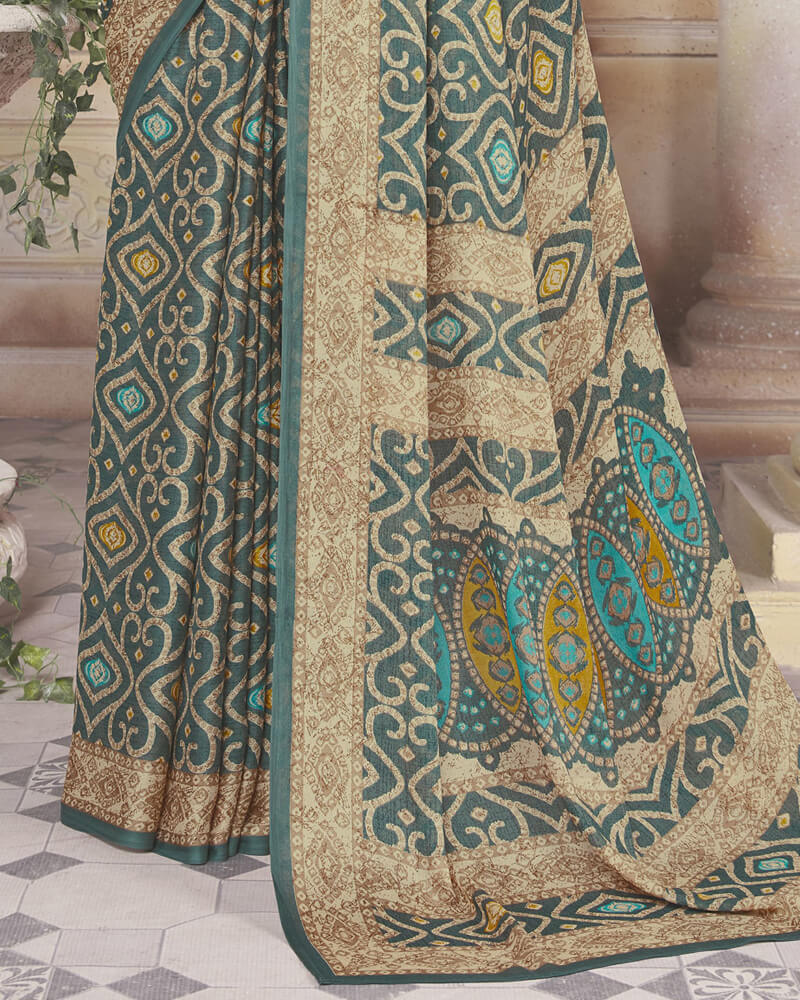 Vishal Prints Rama Green Digital Print Crepe Saree