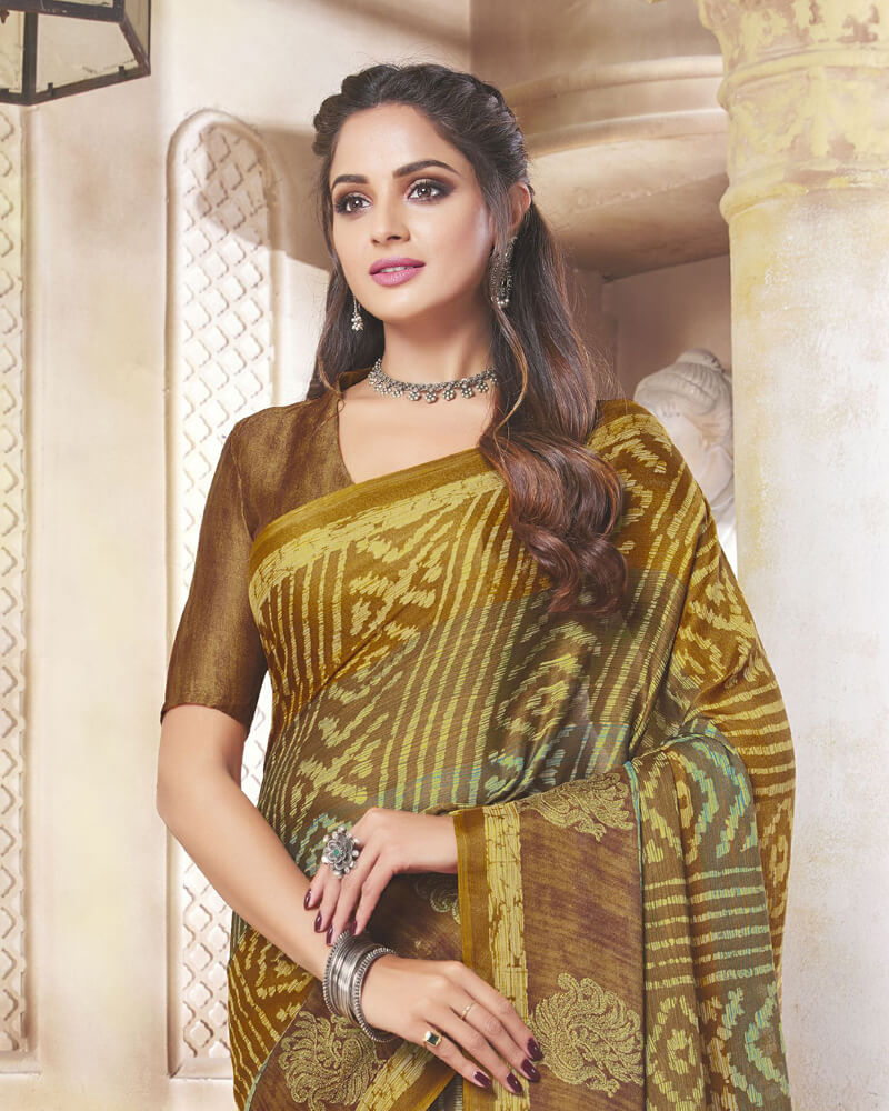 Vishal Prints Deep Coffee Brown Digital Print Crepe Saree