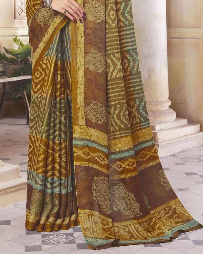 Vishal Prints Deep Coffee Brown Digital Print Crepe Saree
