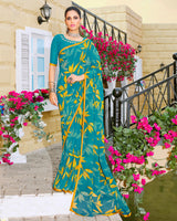 Vishal Prints Dark Teal Blue Printed Georgette Saree With Piping