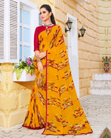 Vishal Prints Mustard Printed Georgette Saree With Piping