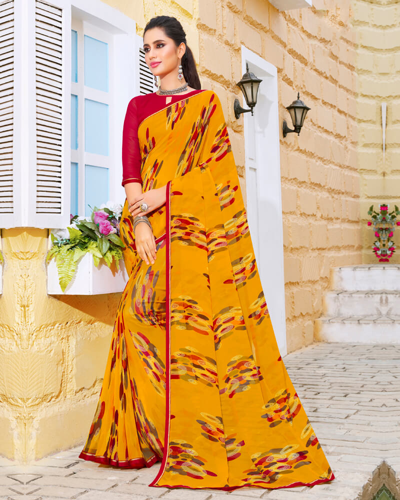 Vishal Prints Mustard Printed Georgette Saree With Piping