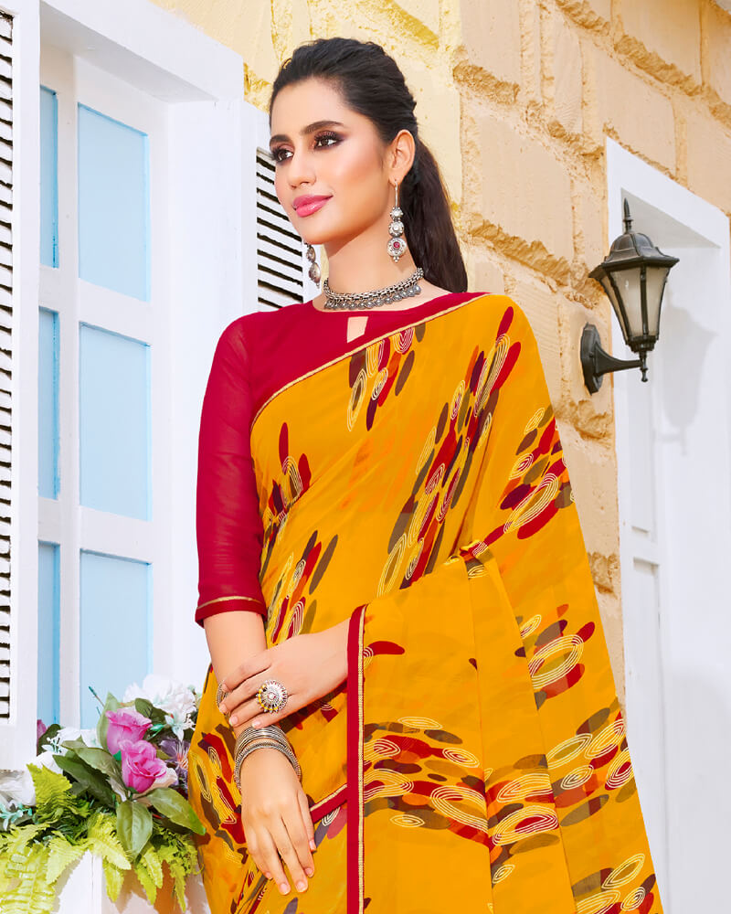 Vishal Prints Mustard Printed Georgette Saree With Piping