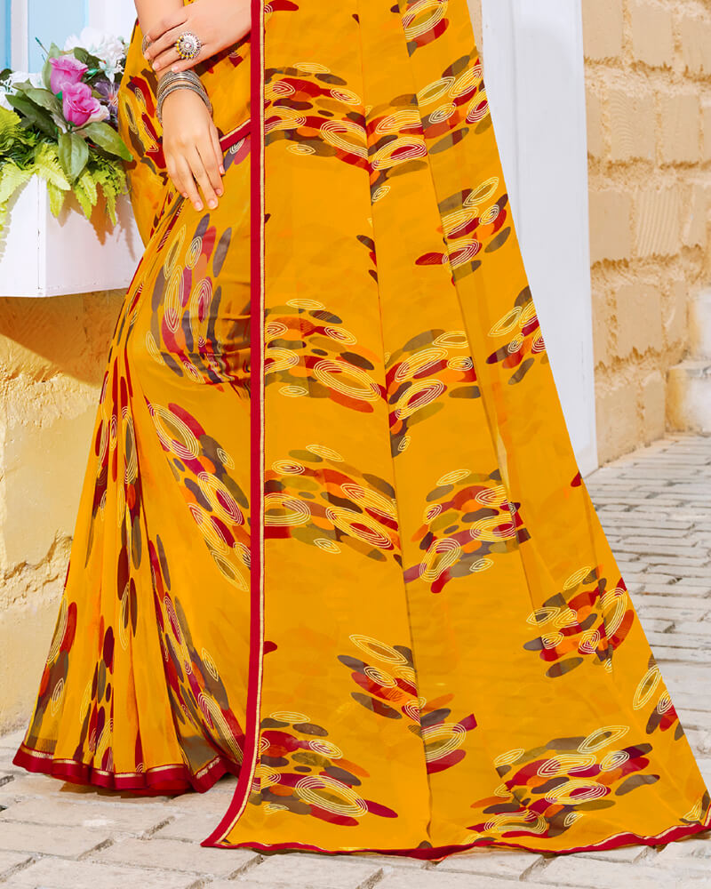 Vishal Prints Mustard Printed Georgette Saree With Piping
