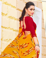 Vishal Prints Mustard Printed Georgette Saree With Piping