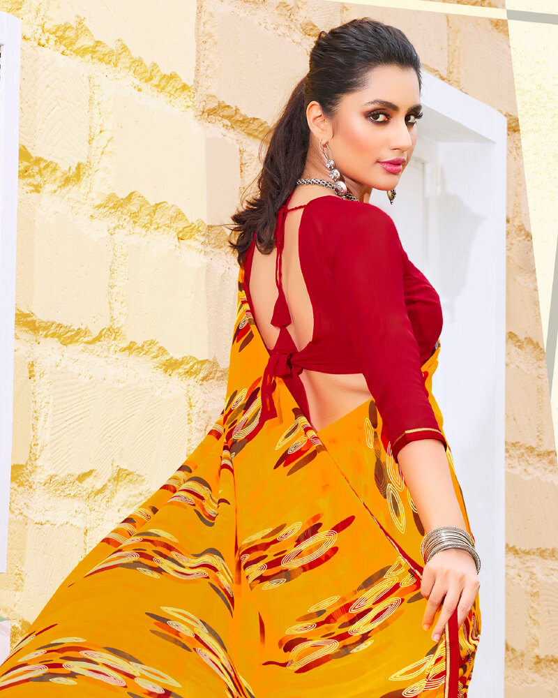 Vishal Prints Mustard Printed Georgette Saree With Piping