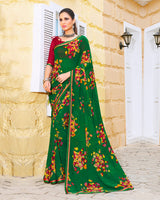 Vishal Prints Dark Green Printed Georgette Saree With Piping