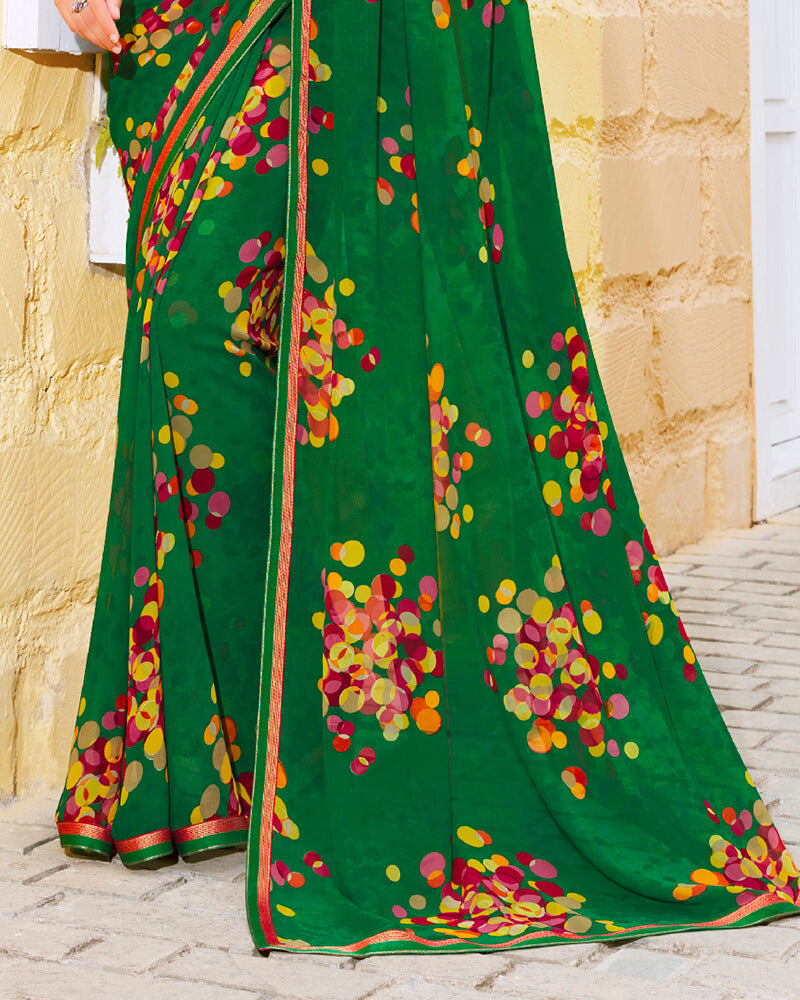 Vishal Prints Dark Green Printed Georgette Saree With Piping