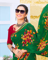 Vishal Prints Dark Green Printed Georgette Saree With Piping