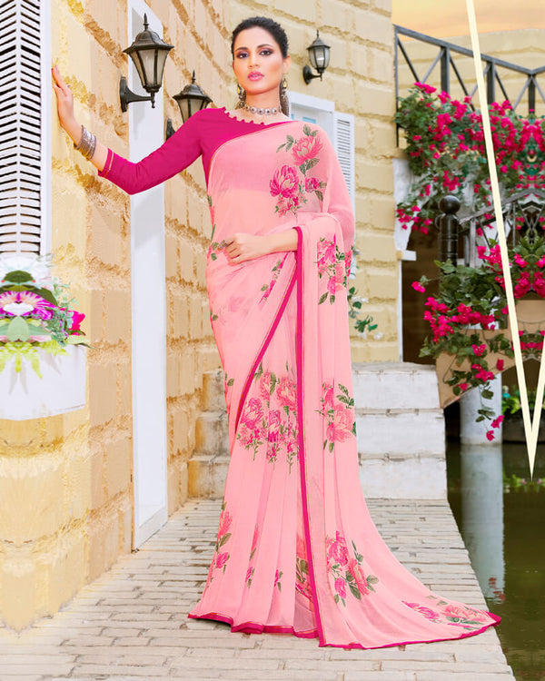 Vishal Prints Rose Pink Printed Georgette Saree With Piping
