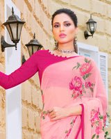 Vishal Prints Rose Pink Printed Georgette Saree With Piping