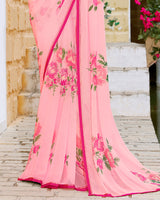 Vishal Prints Rose Pink Printed Georgette Saree With Piping