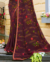 Vishal Prints Wine Printed Georgette Saree With Piping