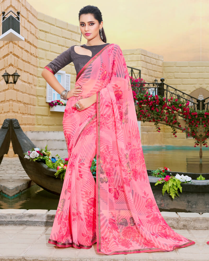 Vishal Prints Rose Pink Printed Georgette Saree With Piping