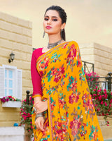 Vishal Prints Golden Yellow Printed Georgette Saree With Piping