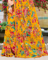 Vishal Prints Golden Yellow Printed Georgette Saree With Piping