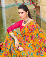 Vishal Prints Golden Yellow Printed Georgette Saree With Piping