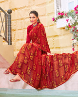 Vishal Prints Dark Red Printed Georgette Saree With Piping