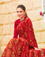 Vishal Prints Dark Red Printed Georgette Saree With Piping