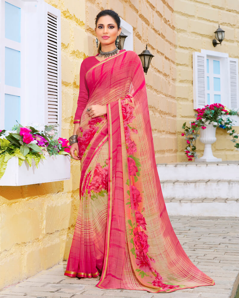 Vishal Prints Dark Pink Printed Georgette Saree With Piping