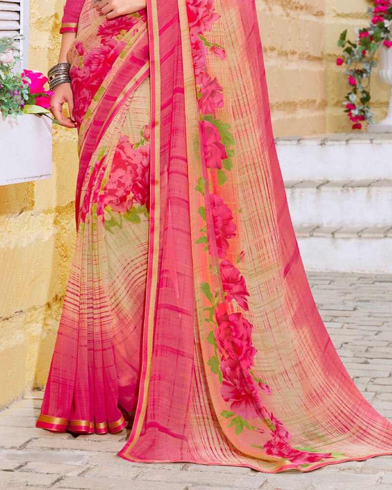 Vishal Prints Dark Pink Printed Georgette Saree With Piping