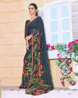 Vishal Prints Dark Grey Printed Georgette Saree With Piping